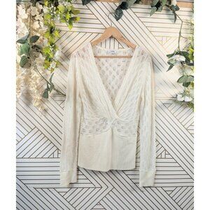 Vtg Y2K Cache Women's Long Sleeve V Neck Open Knit Long Sweater Top Ivory LRG